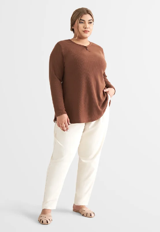 Helene Ribbed Henley Tee - Brown