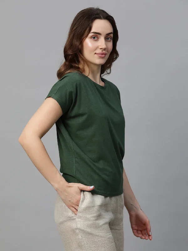 Women's Green Cotton Bamboo Elastane Regular Fit Tshirt