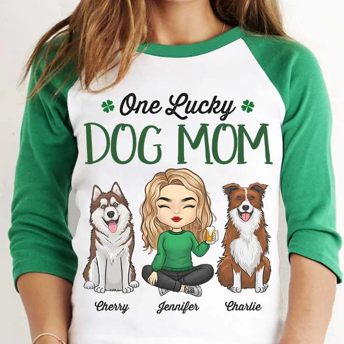 One Lucky Dog Mom, Girl Sitting - Personalized St. Patrick's Day Unisex Raglan Shirt