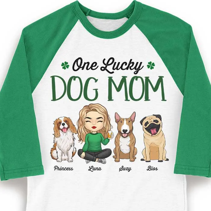 One Lucky Dog Mom, Girl Sitting - Personalized St. Patrick's Day Unisex Raglan Shirt