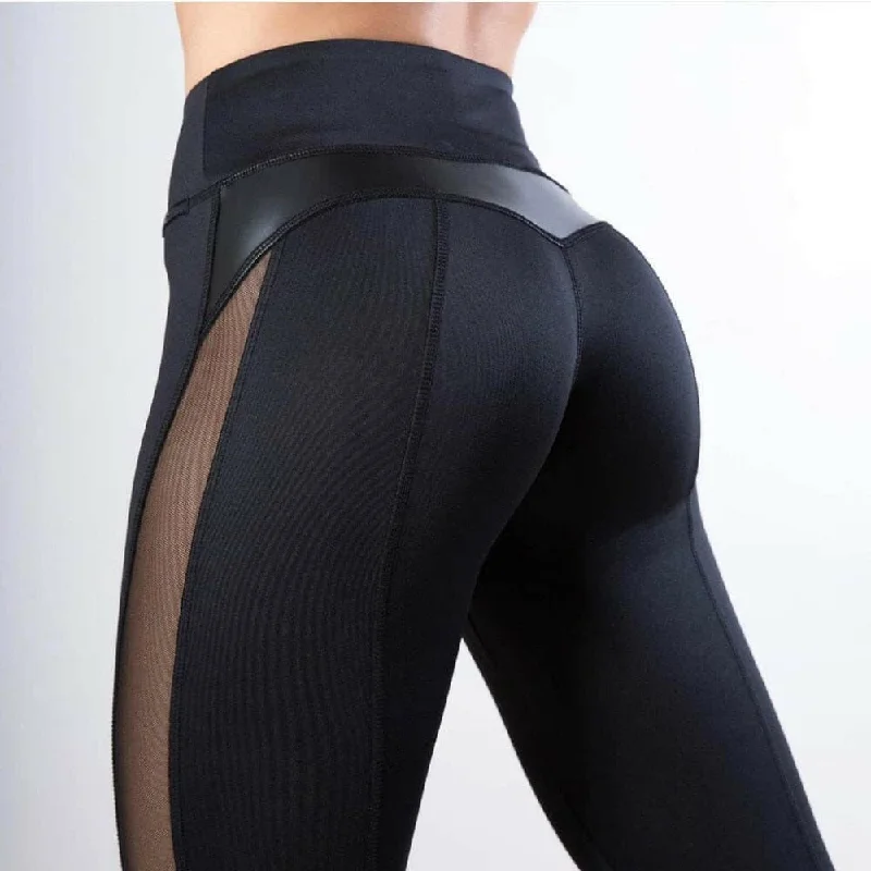 Sexy Mesh Leather Patchwork Black Leggings Women High Waist Fitness Push Up Hiking Legging Pants Jogging Femme