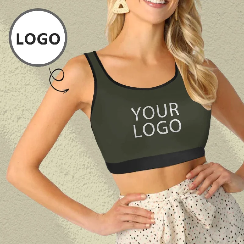 Custom Logo Dark Grey Background Sports Bra Personalized Women's All Over Print Yoga Sports Bra