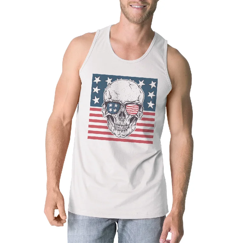 Skull American Flag Mens White Tank Top Crewneck Line Cotton Tee