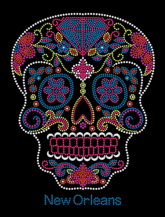 Sugar Skull Day of the Dead with Diamond and Flowers Rhinestone Tshirt